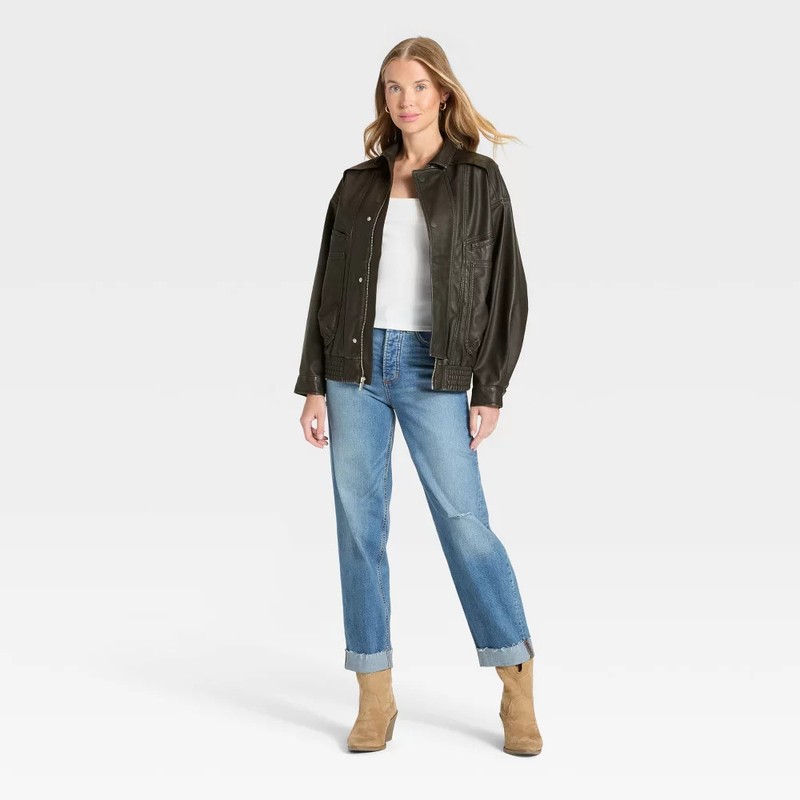 Women's Relaxed Faux Leather Bomber Jacket - Universal Thread Black S