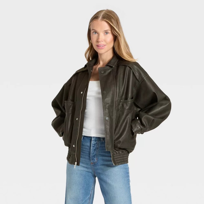 Women's Relaxed Faux Leather Bomber Jacket - Universal Thread Black S