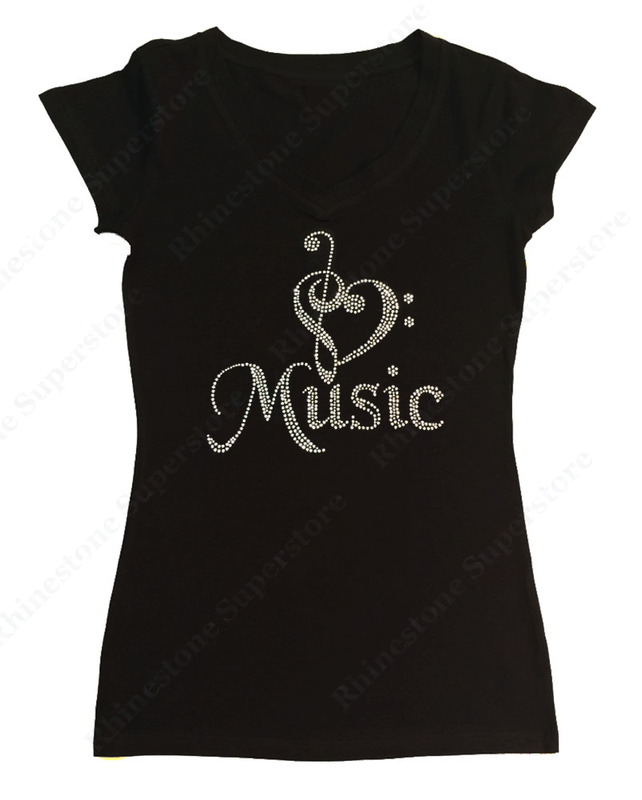 Women's Rhinestone T-Shirt " I Heart Music Note " S M L 1X 2X 3X
