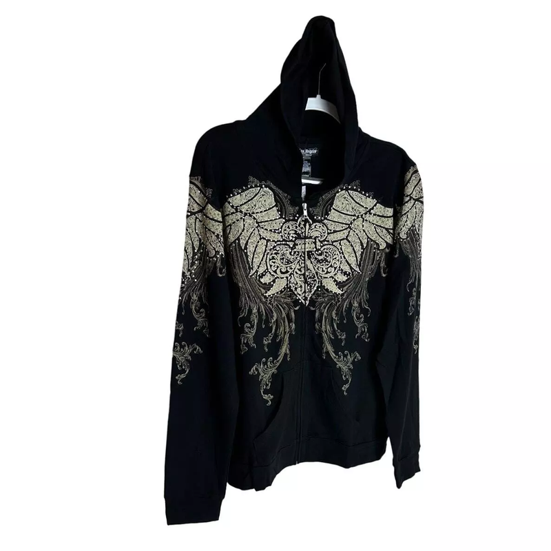 Women's Rhinestone Wing Hooded Jacket Full Zip 100% Cotton Los Angeles Style