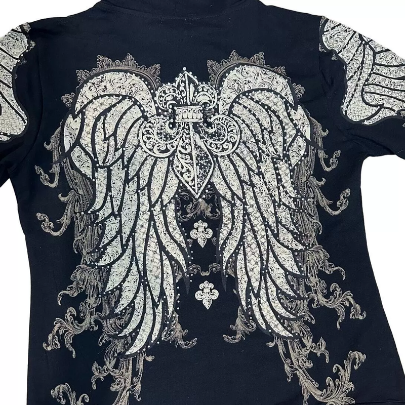 Women's Rhinestone Wing Hooded Jacket Full Zip 100% Cotton Los Angeles Style