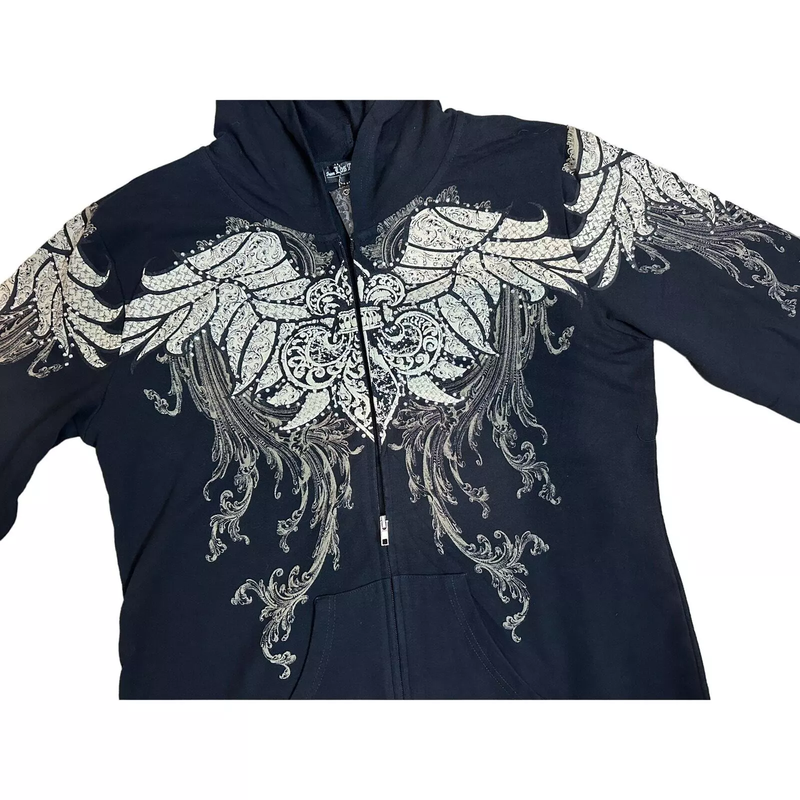 Women's Rhinestone Wing Hooded Jacket Full Zip 100% Cotton Los Angeles Style