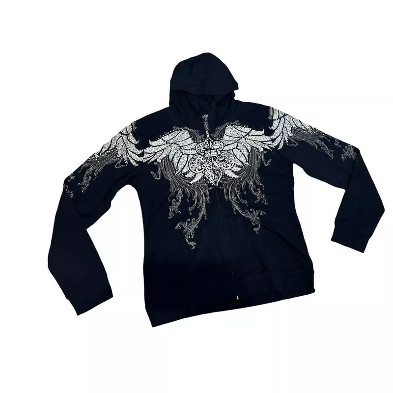 Women's Rhinestone Wing Hooded Jacket Full Zip 100% Cotton Los Angeles Style