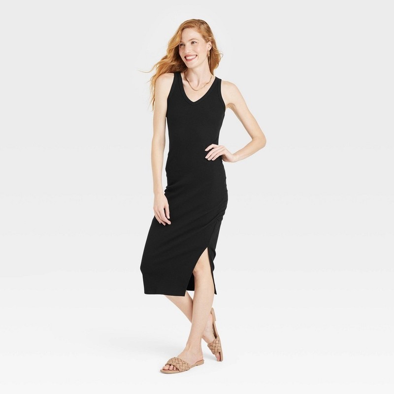 Women's Rib Knit Side Ruched Dress - a New Day™ Black XL