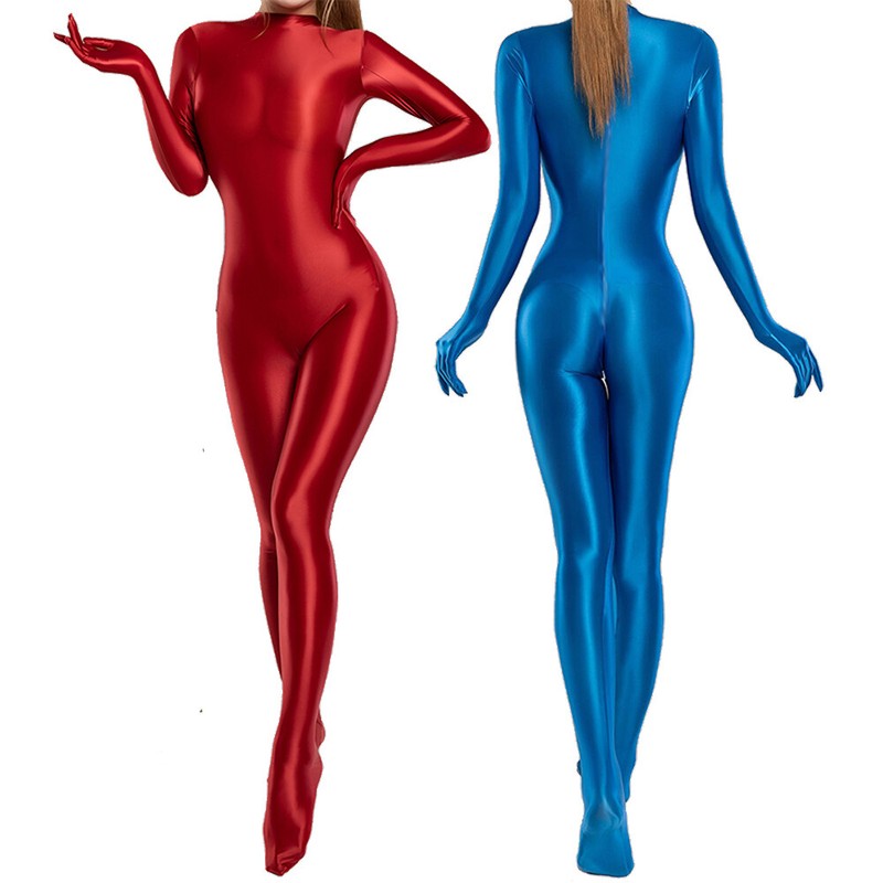 Women's Satin Bodystocking Glossy Leotards Bodysuit Jumpsuits Gloves Open Crotch