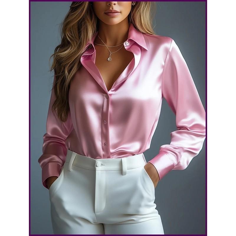 Women’s Satin Button Up Shirt Long Sleeve Blouse Elegant Office Top - 10+ Colors