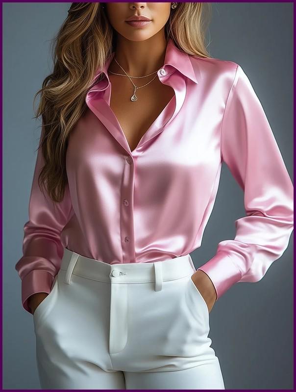 Women’s Satin Button Up Shirt Long Sleeve Blouse Elegant Office Top - 10+ Colors