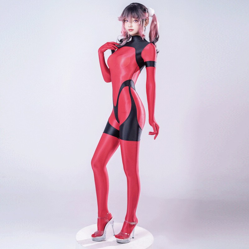 Women's Satin Cosplay Jumpsuit Men Zentai Tight Costume Clubwear Footed Bodysuit