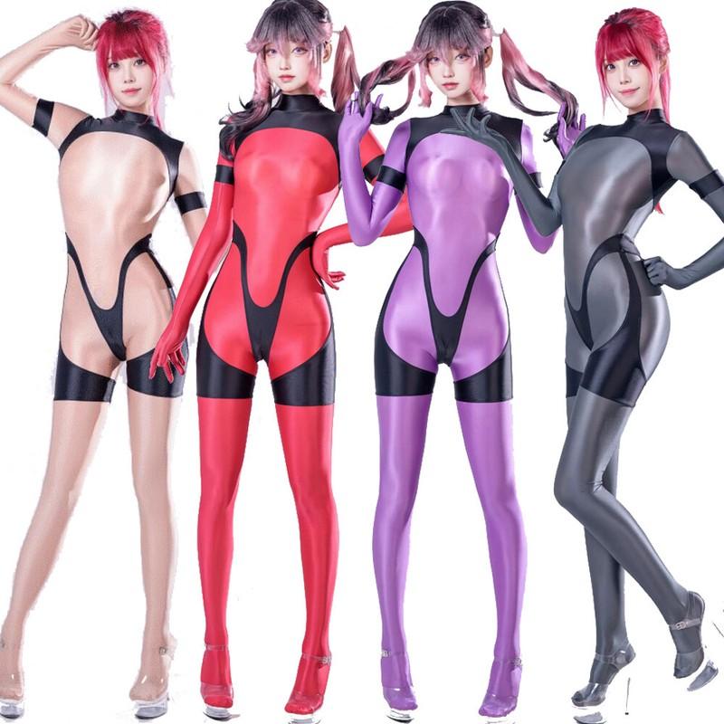 Women's Satin Cosplay Jumpsuit Men Zentai Tight Costume Clubwear Footed Bodysuit
