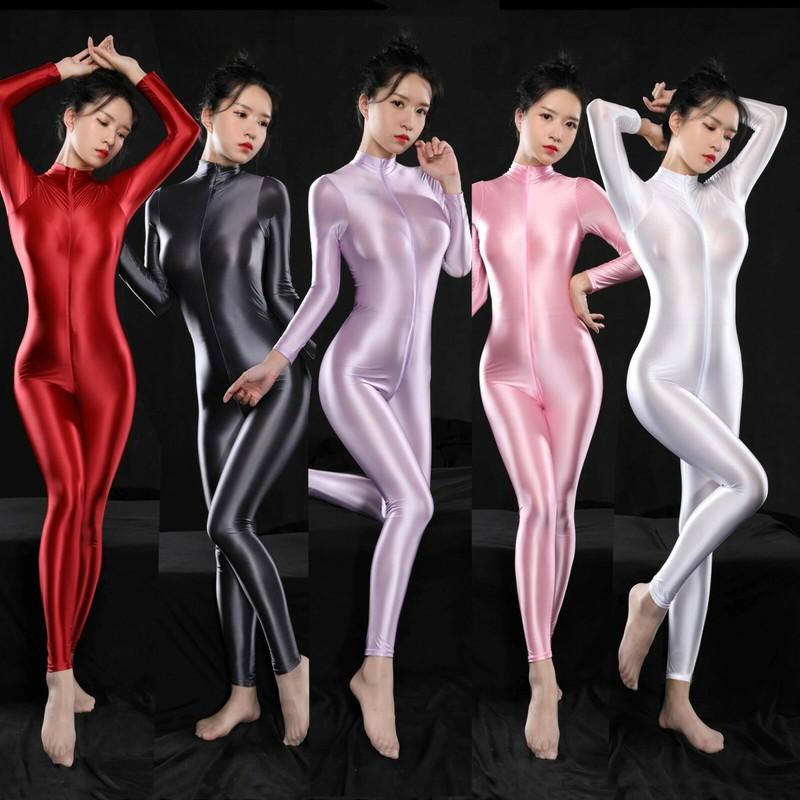 Women’s Satin Shiny Bodysuit - Silky Onepiece Jumpsuit-Double Zipper Catsuit