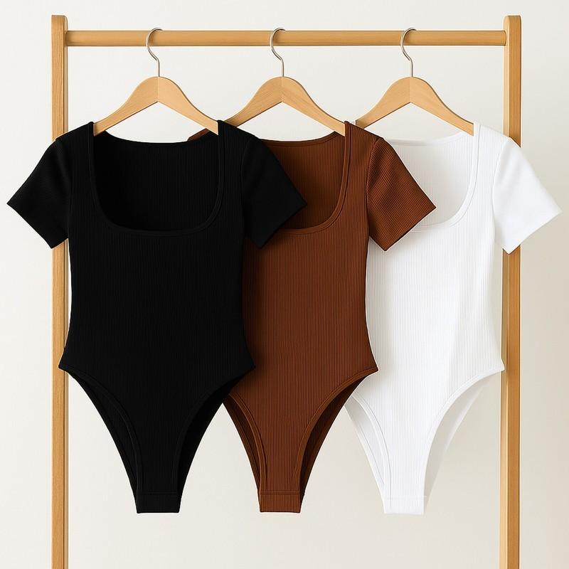 Women’s Scoop Neck Short Sleeve Ribbed Bodysuit - 3 Colors