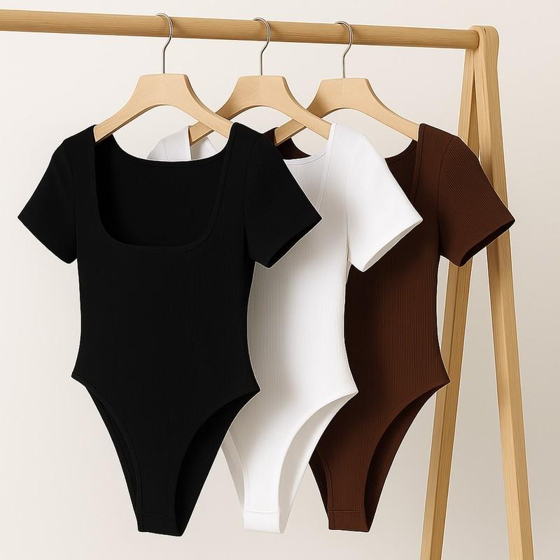 Women’s Scoop Neck Short Sleeve Ribbed Bodysuit - 3 Colors