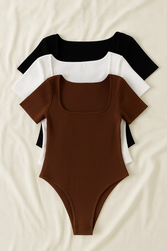 Women’s Scoop Neck Short Sleeve Ribbed Bodysuit - 3 Colors