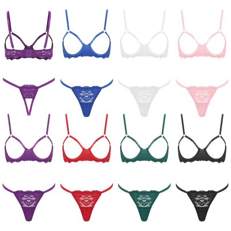 Women's See Through Floral Lace Lingerie Set Underwired Bra With Cutout Thongs