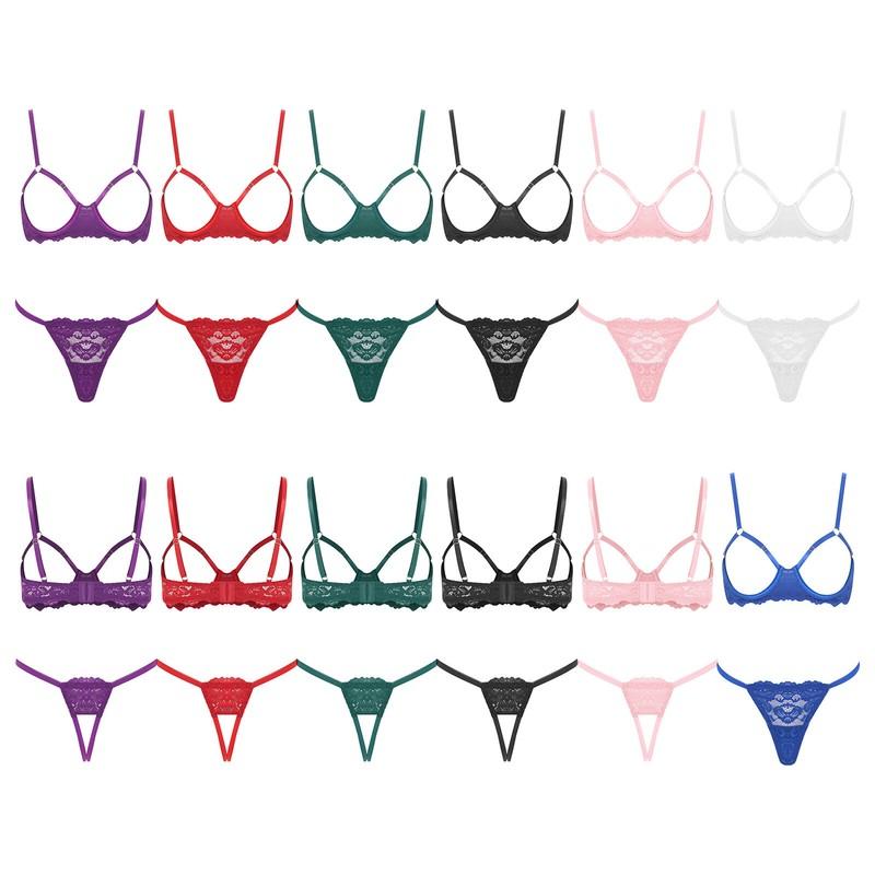 Women's See Through Floral Lace Lingerie Set Underwired Bra With Cutout Thongs