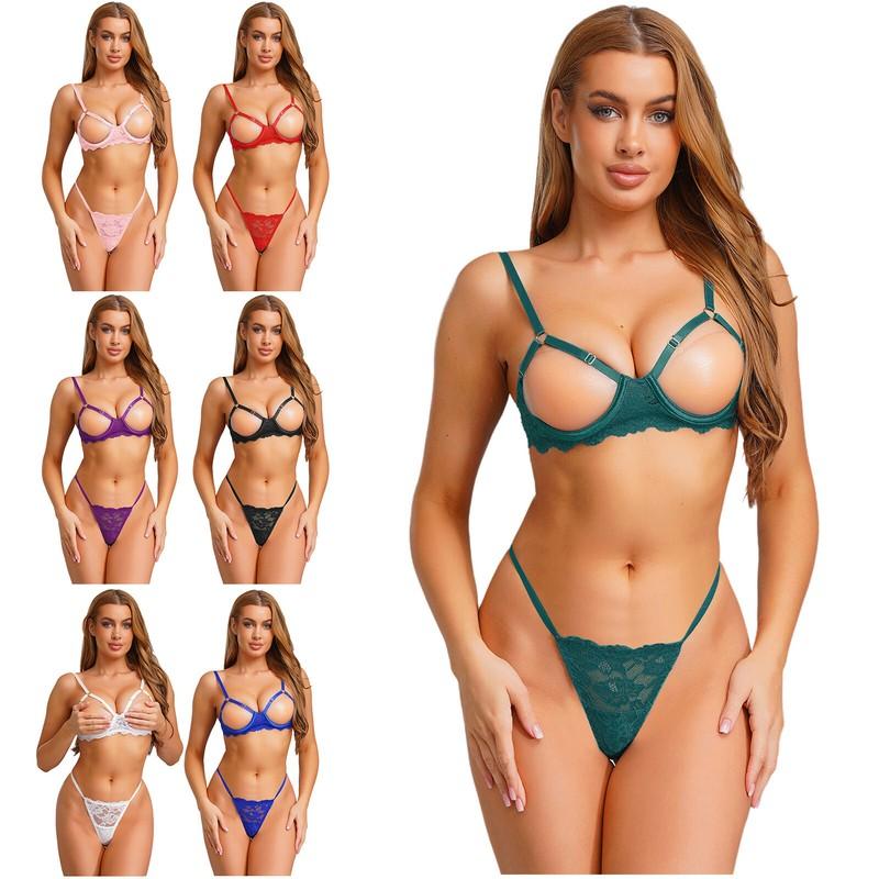 Women's See Through Floral Lace Lingerie Set Underwired Bra with Cutout Thongs