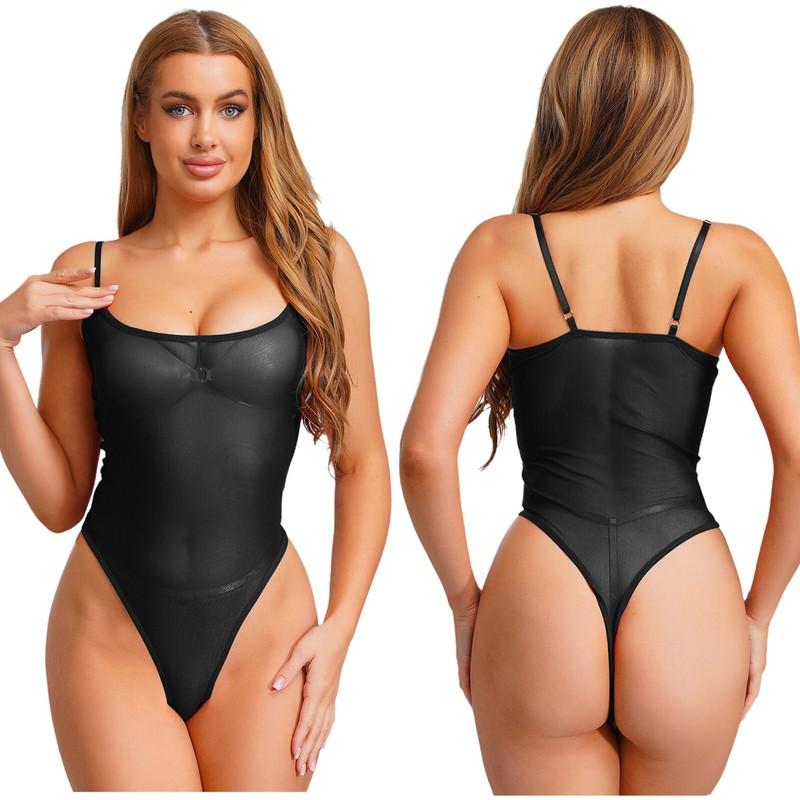 Women's See Through Leotard High Cut Thong Bodysuit Sheer Swimsuit Clubwear