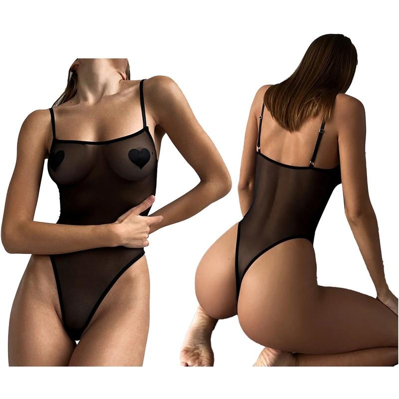 Women's See Through Leotard High Cut Thong Bodysuit Sheer Swimsuit Clubwear