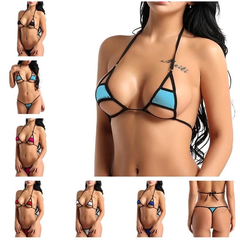 Women's Sexy Bikini Set Cutout Bra Micro Mini G-String Lingerie Set Swimsuit