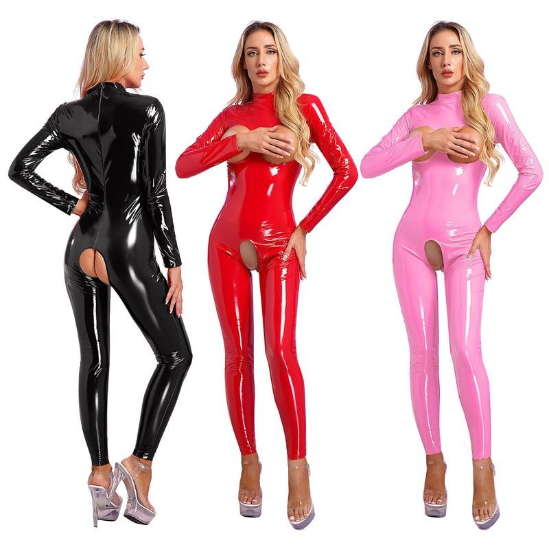 Women's Sexy Leather Leotard Jumpsuit Hollow Out Long Sleeve Lingerie Bodysuit