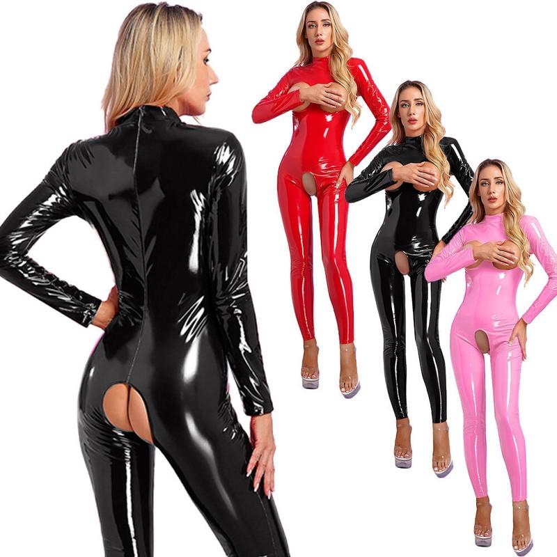 Women's Sexy Leather Leotard Jumpsuit Hollow Out Long Sleeve Lingerie Bodysuit