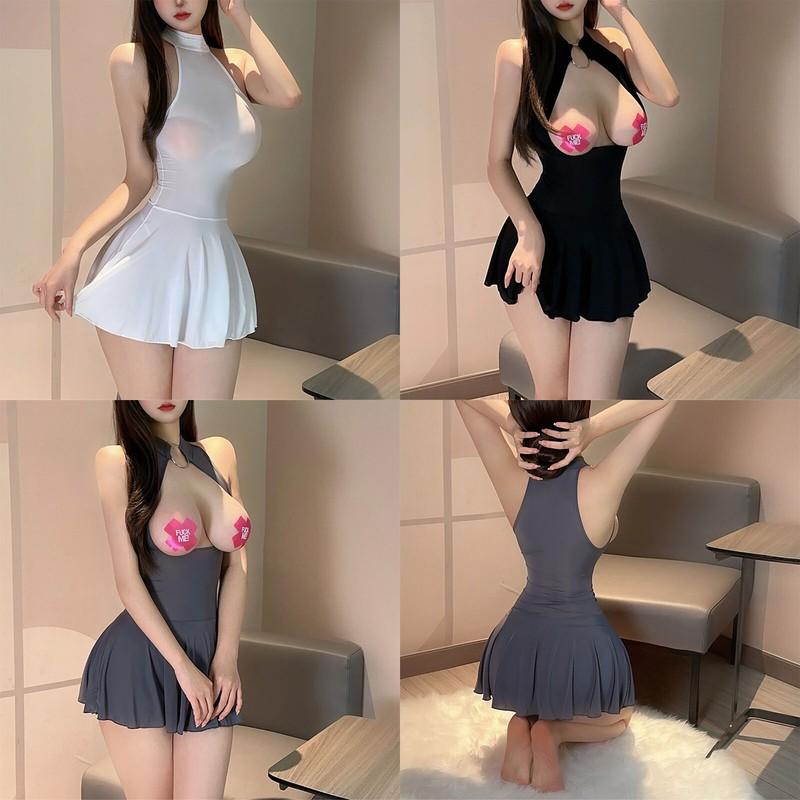 Women's Sexy Lingerie Dress Nylon Open Cups Sleeveless Nightdress A-line Dresses