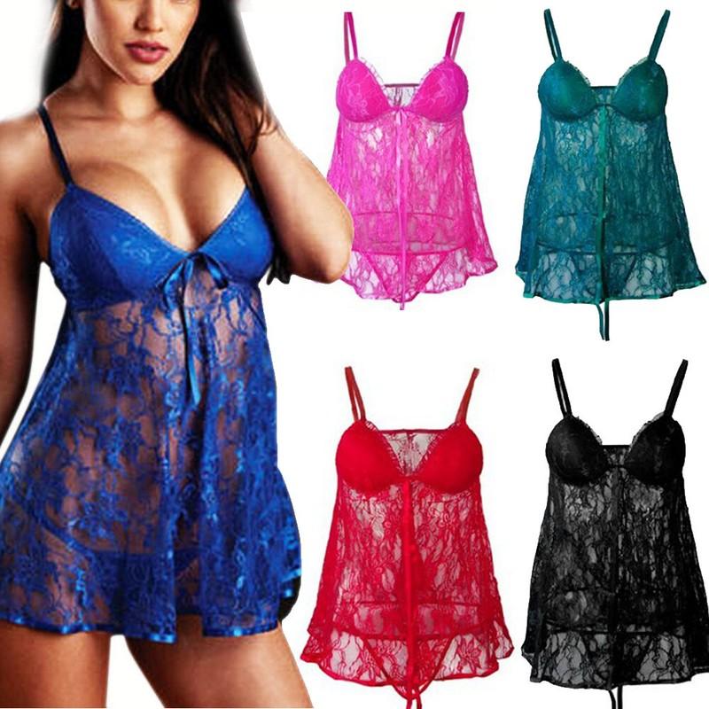 Women's Sexy Lingerie Lace Babydoll Thong Nightdress Sleepwear Dress Set US FAST