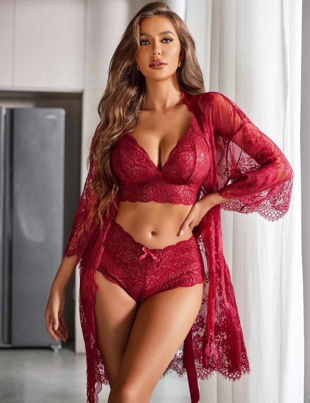 Women's Sexy Lingerie Set 3 Piece Lace Kimono Robe With Bra And Panty Sleepwear