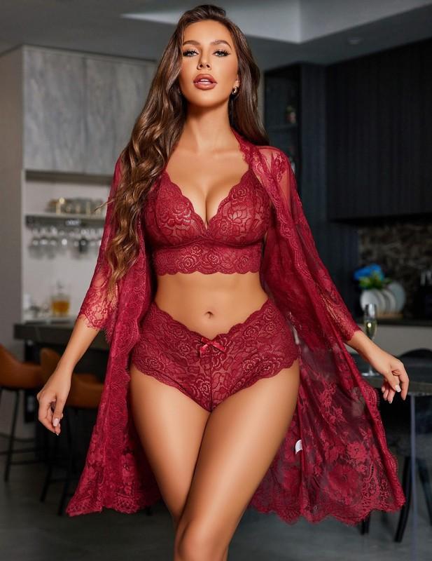 Women's Sexy Lingerie Set 3 Piece Lace Kimono Robe With Bra And Panty Sleepwear