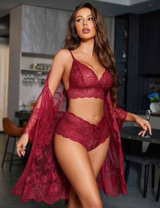 Women's Sexy Lingerie Set 3 Piece Lace Kimono Robe With Bra And Panty Sleepwear