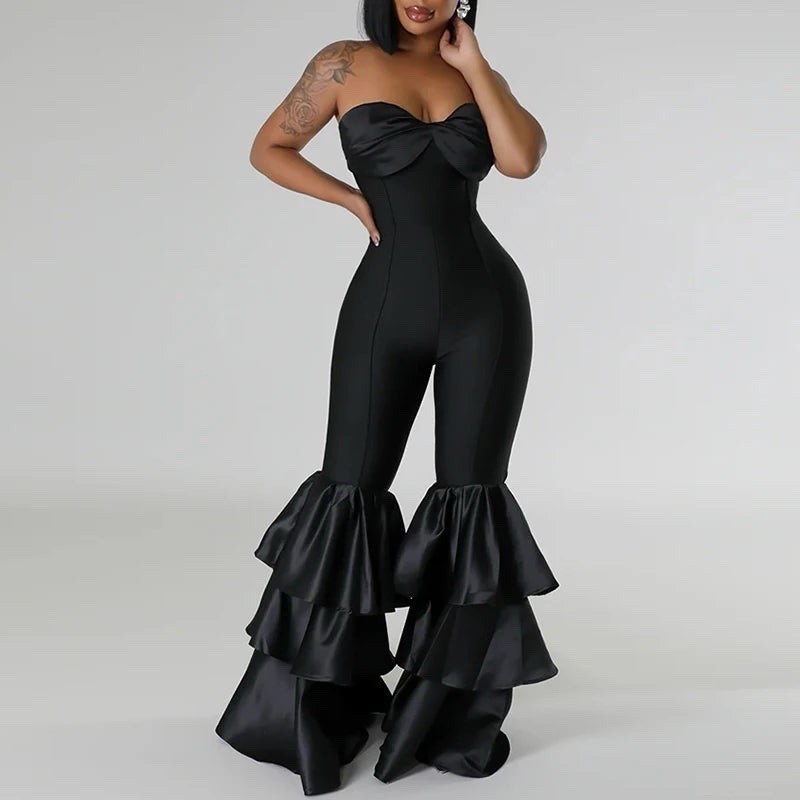 Women's Sexy Off Shoulder Satin Jumpsuit Bodycon Ruffled Tube Top Flared Bell M