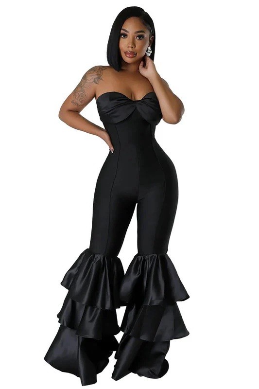Women's Sexy Off Shoulder Satin Jumpsuit Bodycon Ruffled Tube Top Flared Bell M