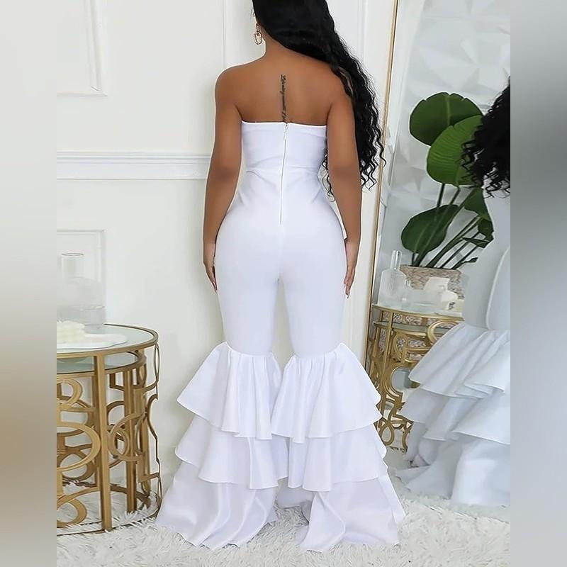 Women's Sexy Off Shoulder Satin Jumpsuits Bodycon Ruffled Tube Top Flared Bell L