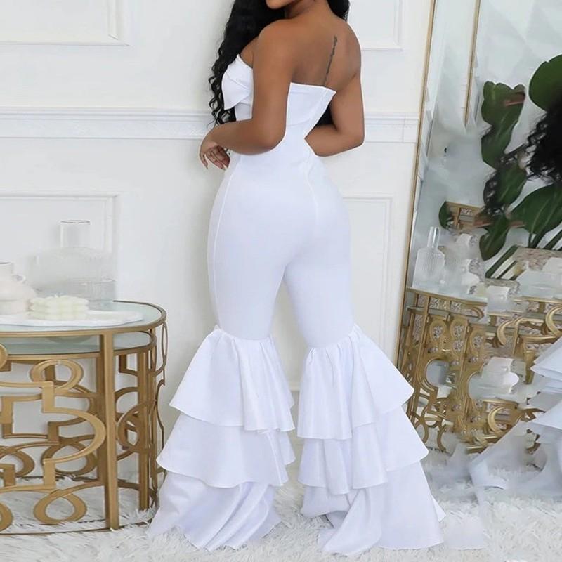 Women's Sexy Off Shoulder Satin Jumpsuits Bodycon Ruffled Tube Top Flared Bell M