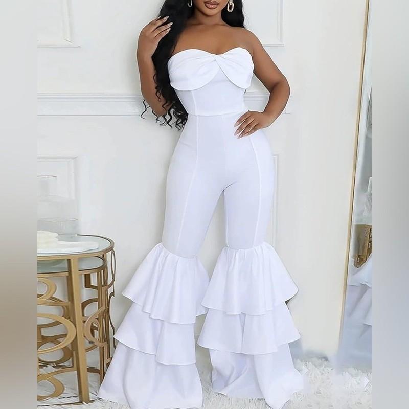 Women's Sexy Off Shoulder Satin Jumpsuits Bodycon Ruffled Tube Top Flared Bell M