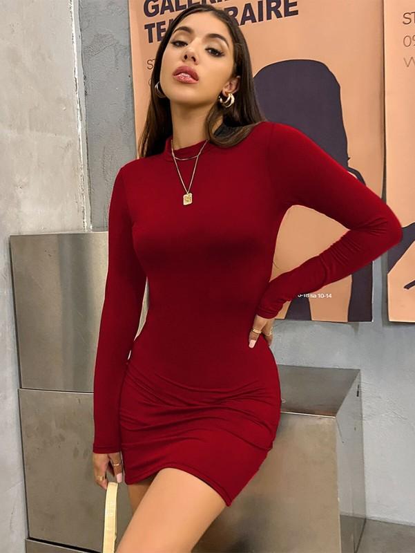 Women's Sexy Ruched Bodycon Mini Dress Mesh Long Sleeve Club Party Short Black