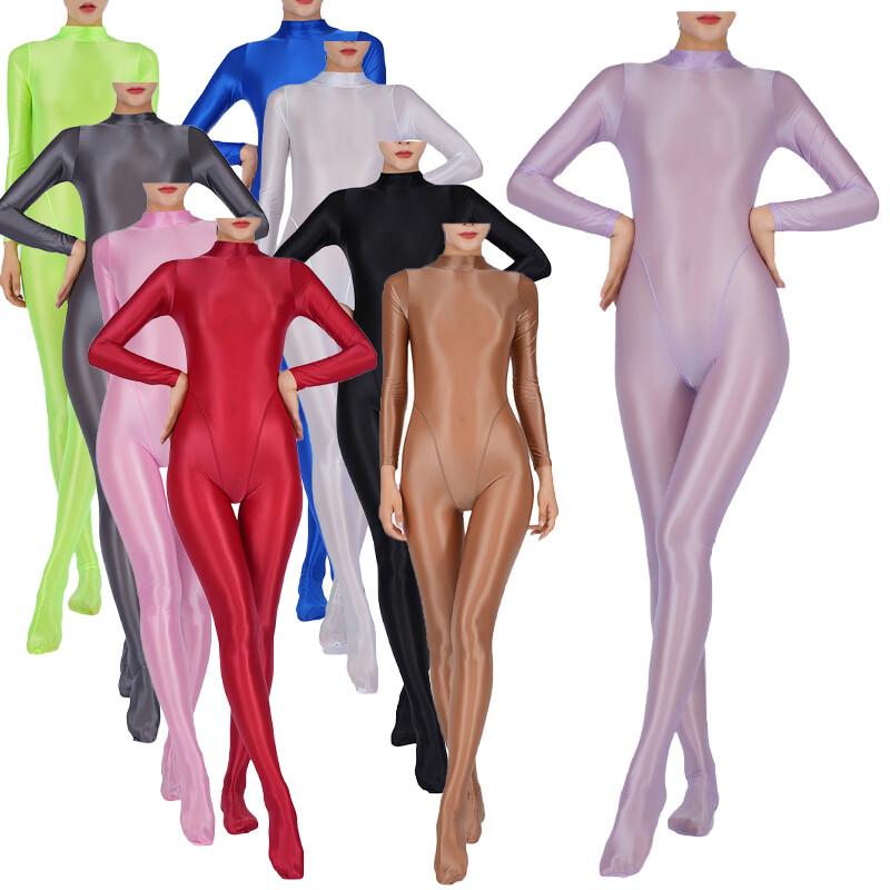 Women's Sexy See Through Full Body Footed Bodysuits Stretchy Oil Bodystockings