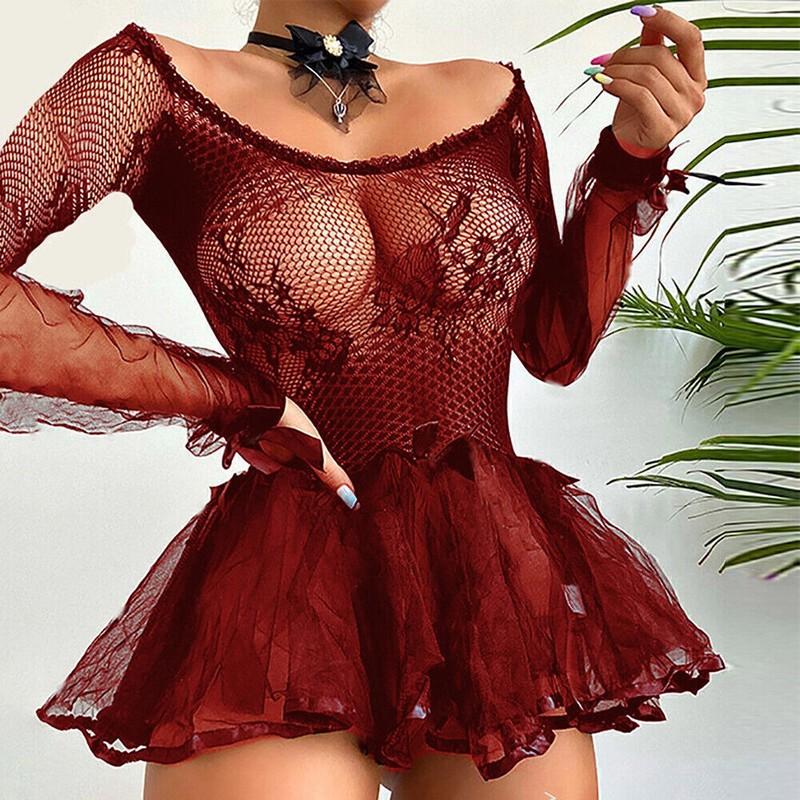 Women's Sexy See Through Lace Babydoll Mini Dress Sleepwear Lingerie Nightwear