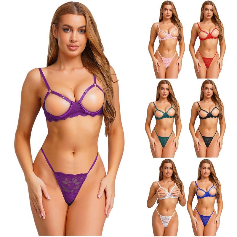 Women's Sexy See Through Lace Lingerie Set Cupless Underwire Bra Underwear
