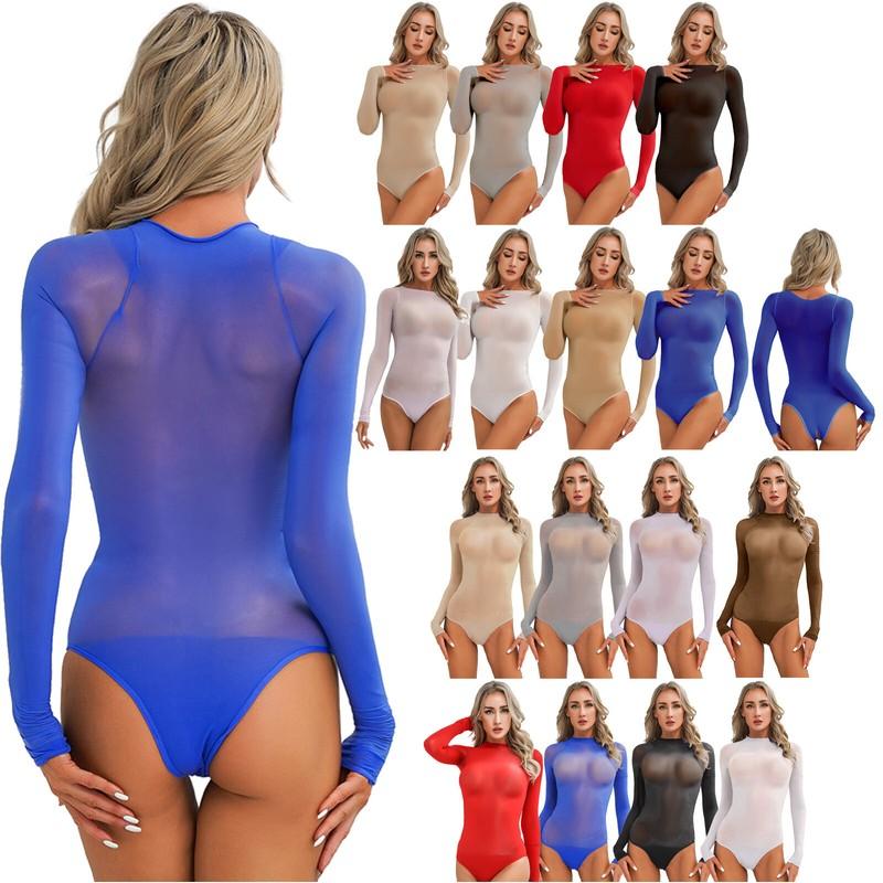 Women's Sexy Sheer Mesh See Through Leotard Bodysuit Long Sleeve Sheer Lingerie
