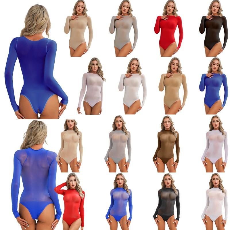 Women's Sexy Sheer Mesh See Through Leotard Bodysuit Long Sleeve Sheer Lingerie