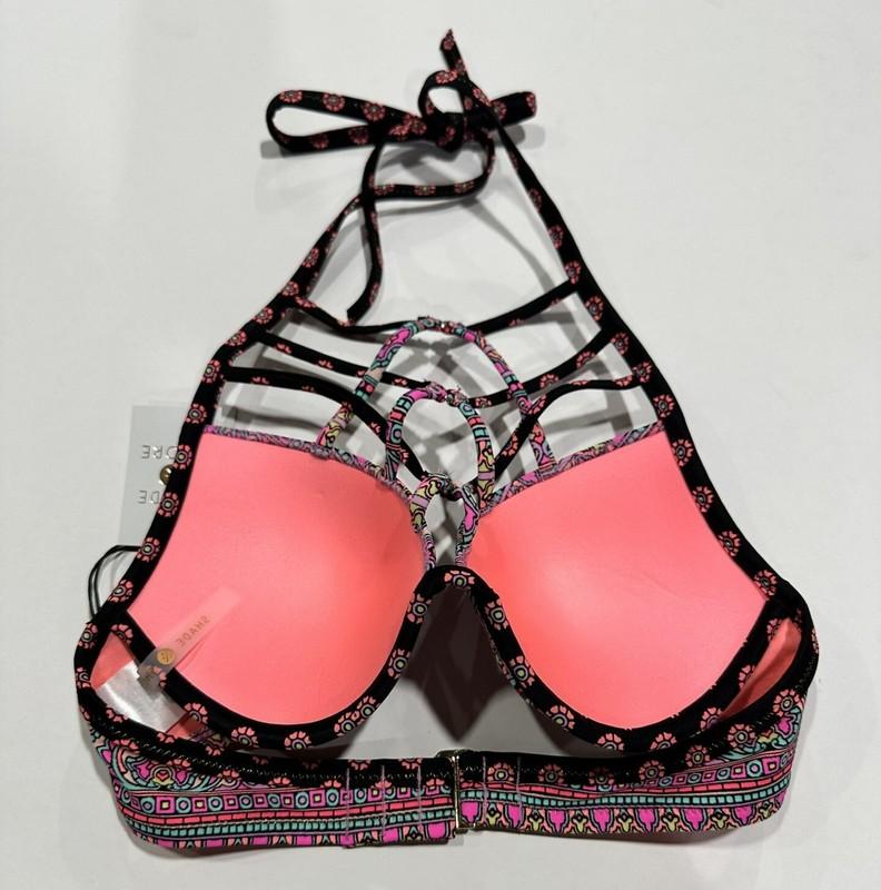 Women's Shade & Shore Strappy High Neck Bikini Top Multi Floral Stripe 32D NWT
