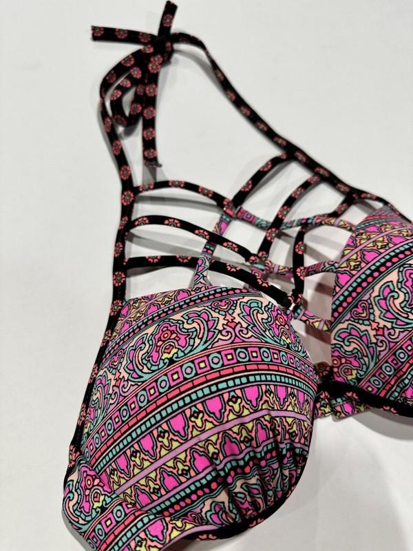 Women's Shade & Shore Strappy High Neck Bikini Top Multi Floral Stripe 32D NWT
