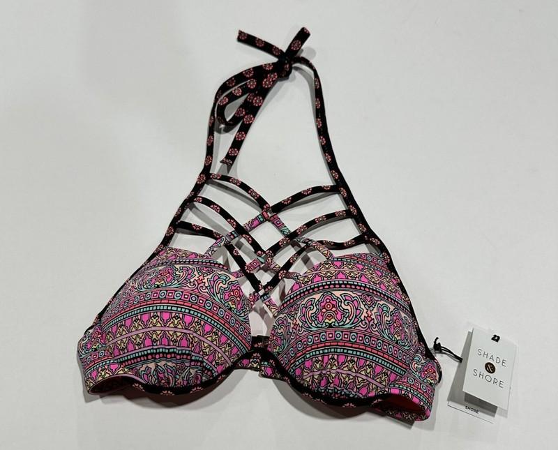 Women's Shade & Shore Strappy High Neck Bikini Top Multi Floral Stripe 32D NWT