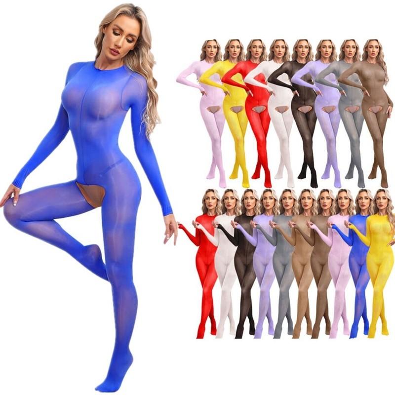 Women's Sheer Glossy Bodystocking Crotchless Full Bodysuit Jumpsuit Tights