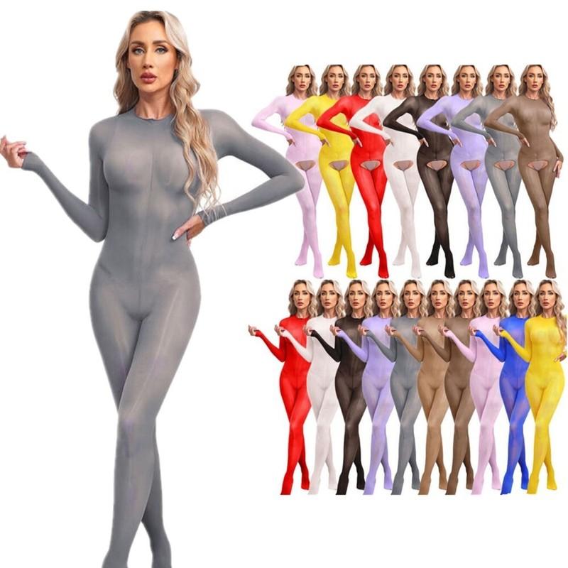 Women's Sheer Glossy Bodystocking Crotchless Full Bodysuit Jumpsuit Tights
