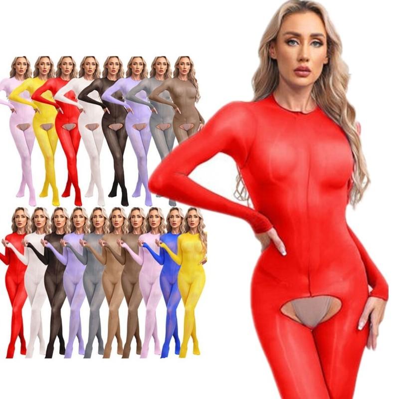 Women's Sheer Glossy Bodystocking Crotchless Full Bodysuit Jumpsuit Tights