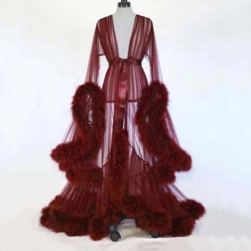 Women's Sheer Sleepwear Nightwear Robes Artificial Feather Trim Dresses New