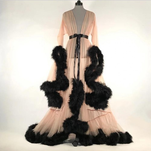 Women's Sheer Sleepwear Nightwear Robes Artificial Feather Trim Dresses New