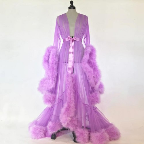 Women's Sheer Sleepwear Nightwear Robes Artificial Feather Trim Dresses New